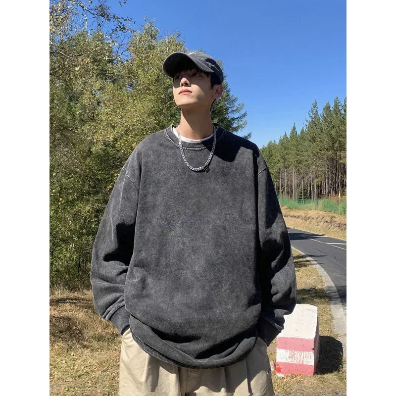 Sudadera Vintage con cuello redondo, manga larga, lavado desgastado, resistente. - Image 3