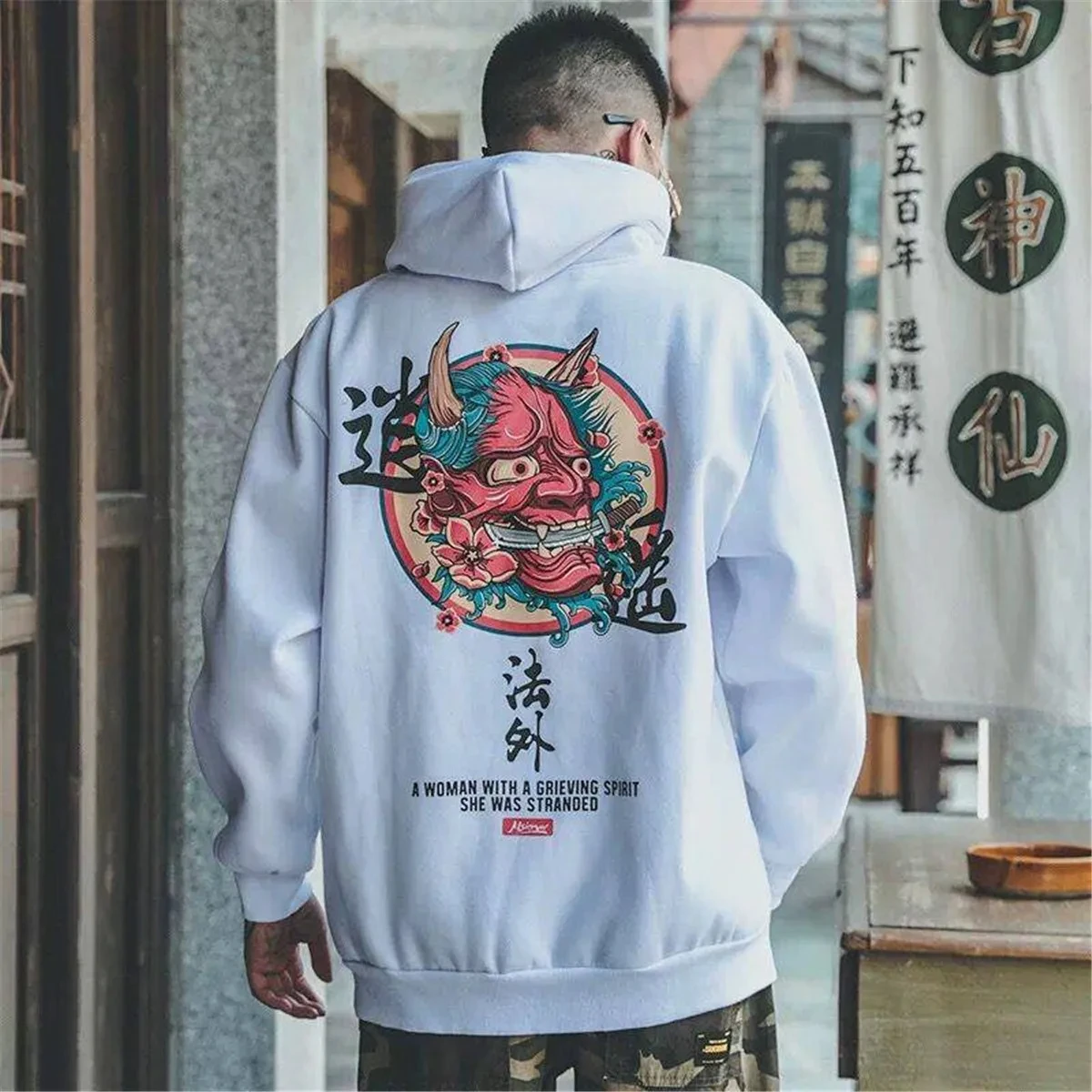 Sudadera con capucha de manga larga a la moda para hombre. con estampado de diablo Retro japonés, holgada de gran tamaño deportiva e informal. - Image 6