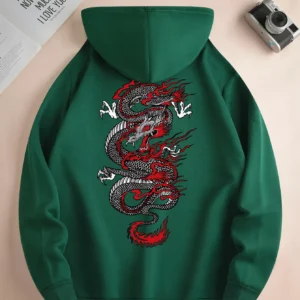 Sudadera con capucha, informal con cordón para uso diario, estampado de dragón, bolsillo frontal de canguro.