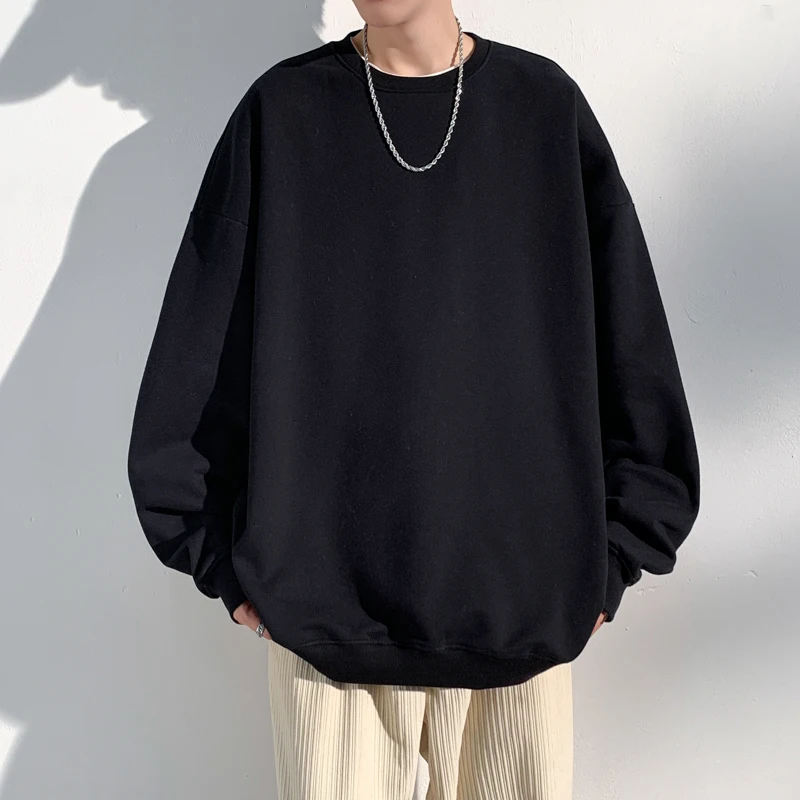 Sudadera holgada para hombre, cuello redondo, color negro, blanco y gris.