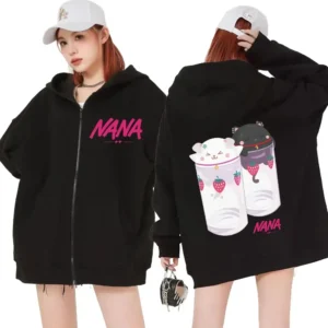 Nana Hachi-gafas de fresa, sudaderas con capucha con cremallera gráfica, ropa de Anime Harajuku, sudadera con cremallera, jerséis informales de lana