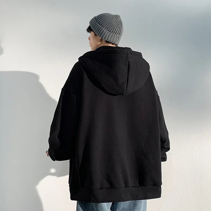 Sudadera holgado Color sólido con capucha estilo americano con cremallera para hombres - Image 2