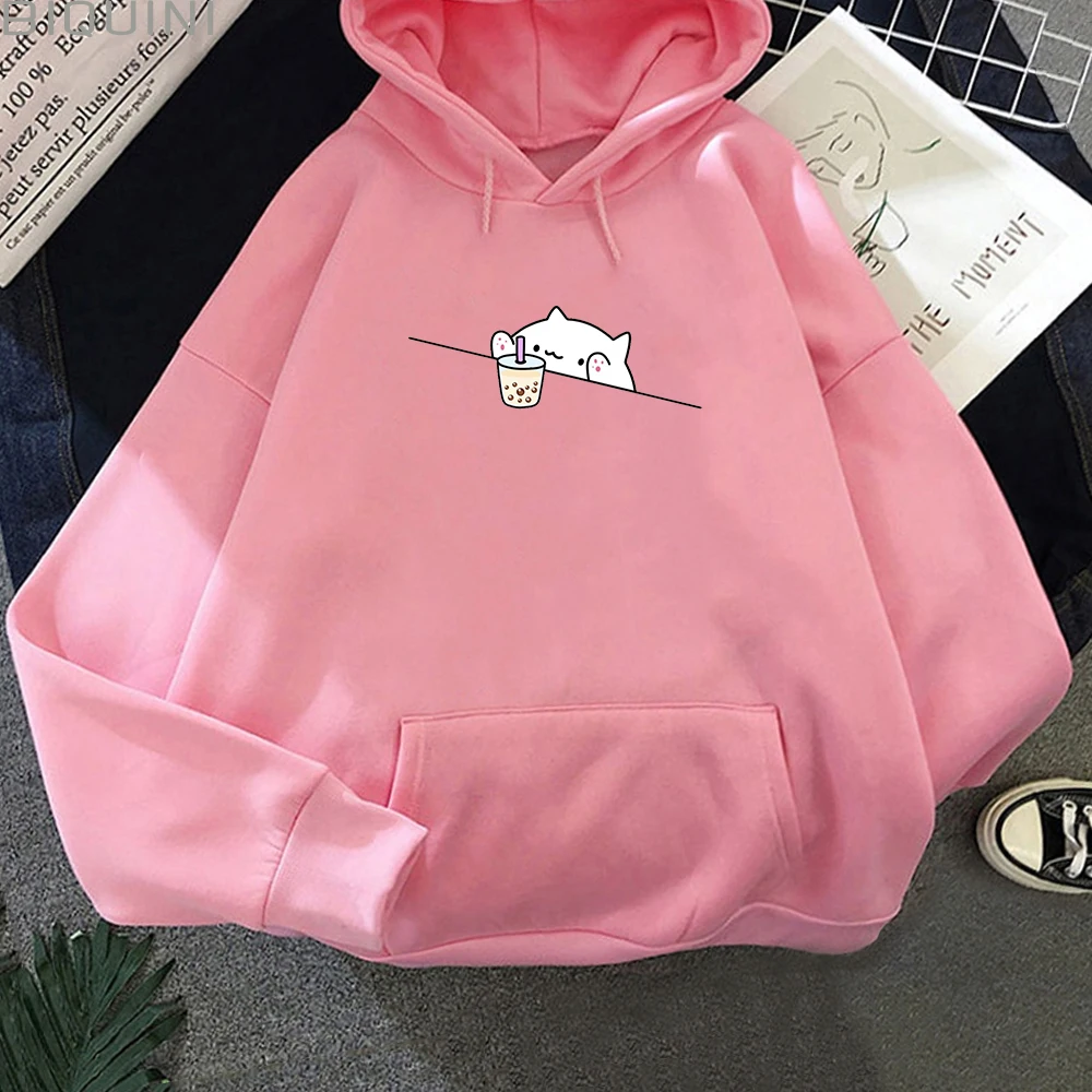 Sudadera con capucha holgada, dibujos animados, talla grande, Kawaii, Gato y Boba - Image 5