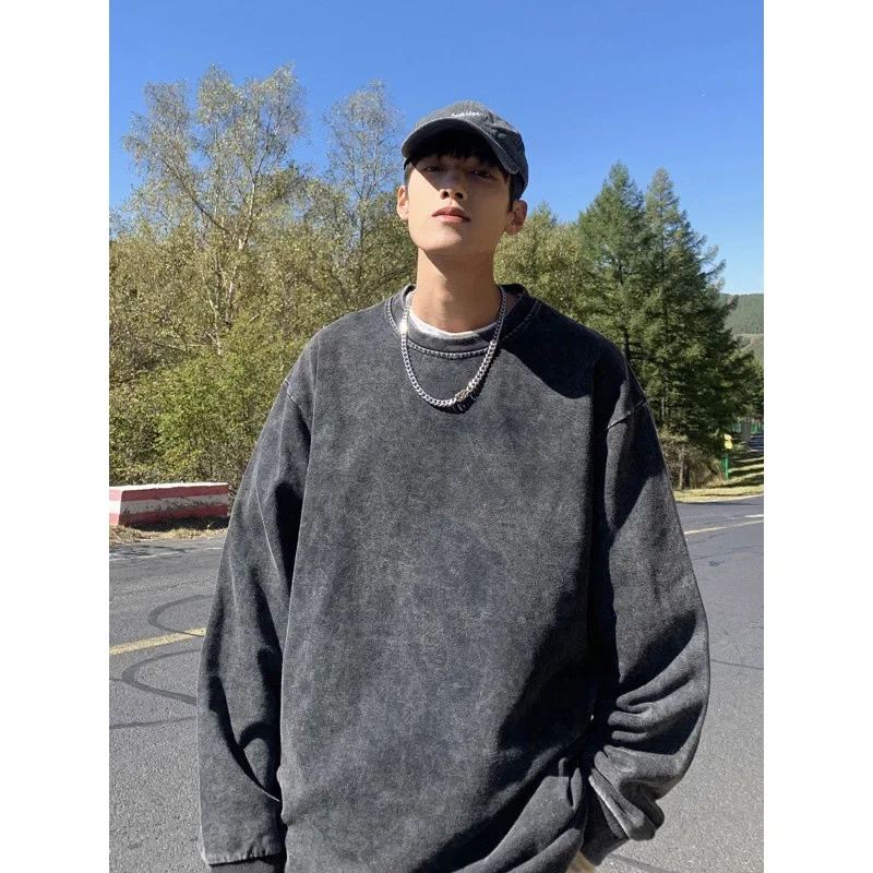 Sudadera Vintage con cuello redondo, manga larga, lavado desgastado, resistente. - Image 2