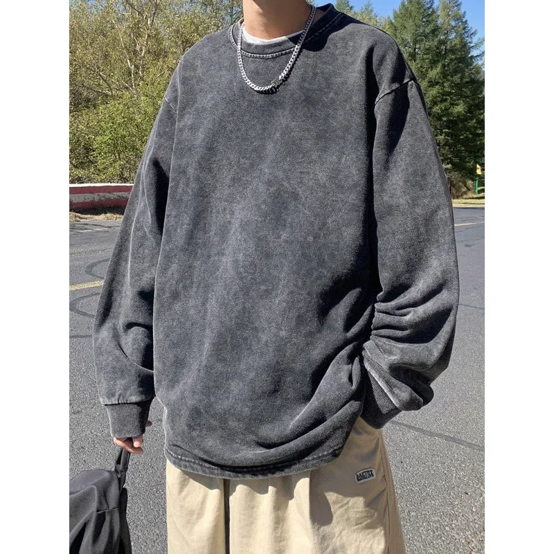 Sudadera Vintage con cuello redondo, manga larga, lavado desgastado, resistente.