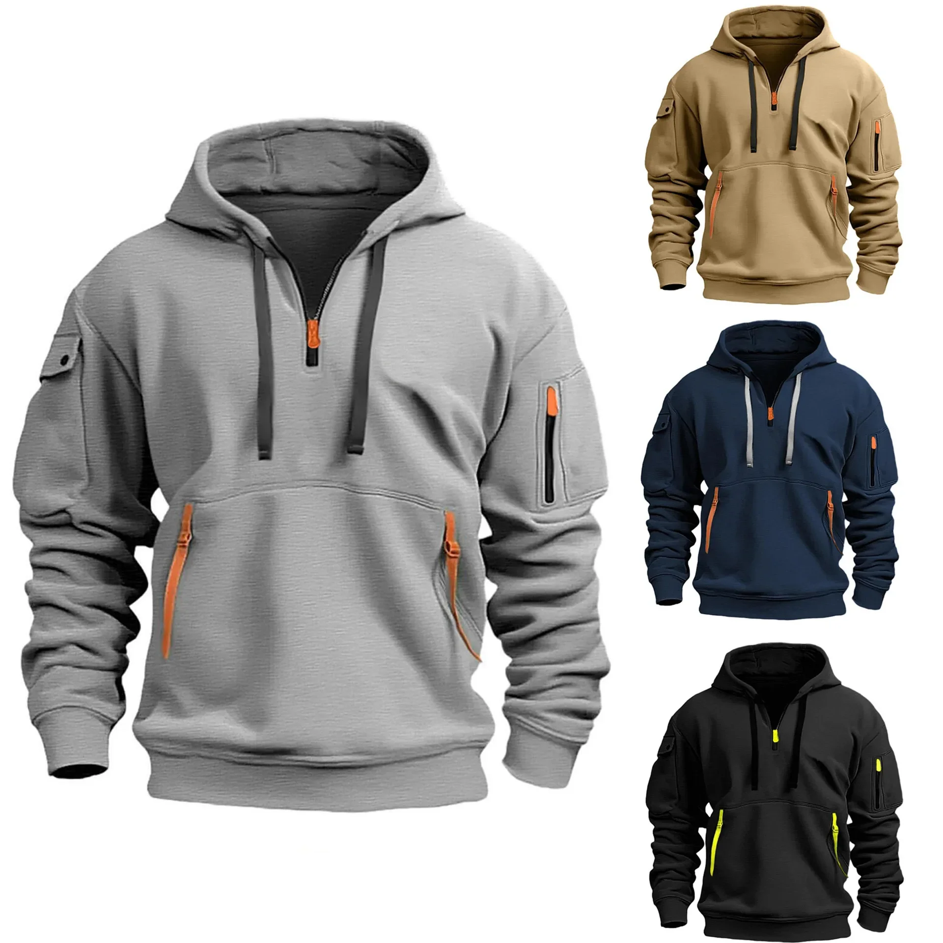 Sudadera con capucha para hombre, cremallera, multibolsillo, informal, holgado, deportiva cómoda