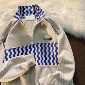 Sudadera con cuello tipo Polo de estilo americano Vintage, media cremallera holgada a cuadros versátil.