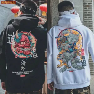 Sudadera con capucha de manga larga a la moda para hombre. con estampado de diablo Retro japonés, holgada de gran tamaño deportiva e informal.