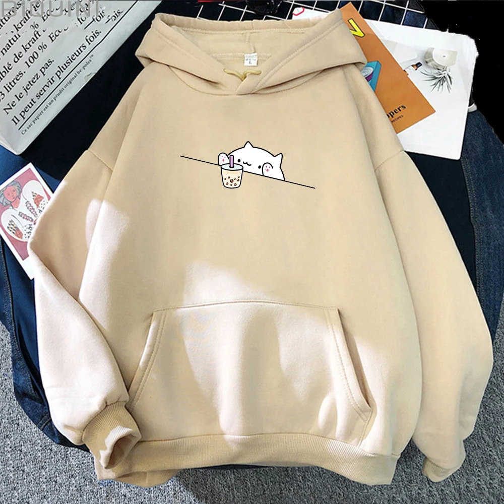 Sudadera con capucha holgada, dibujos animados, talla grande, Kawaii, Gato y Boba