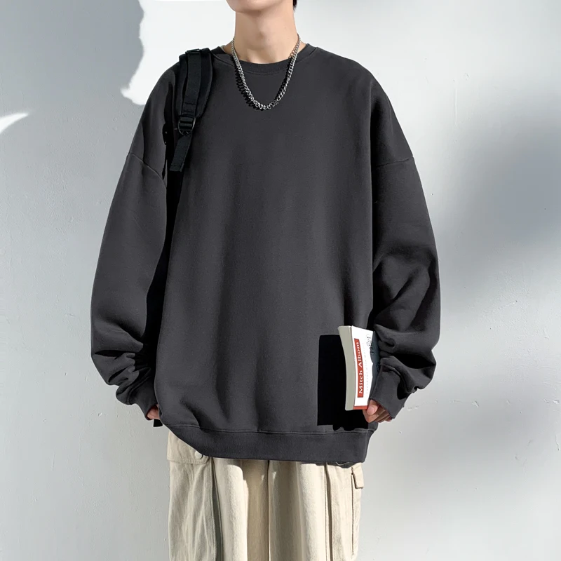 Sudadera holgada para hombre, cuello redondo, color negro, blanco y gris. - Image 2