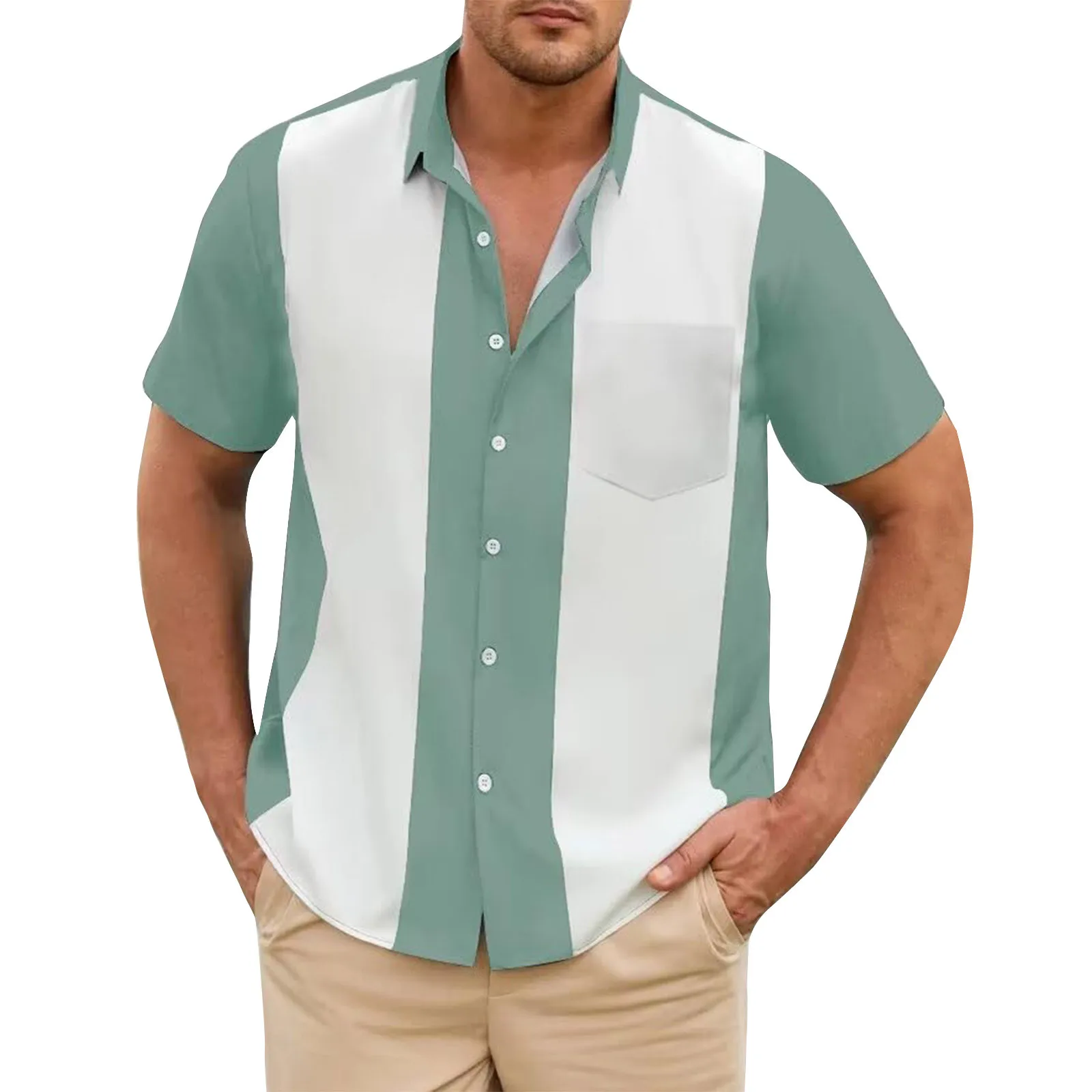 Camisa de empalme a rayas, manga corta con botones. - Image 12