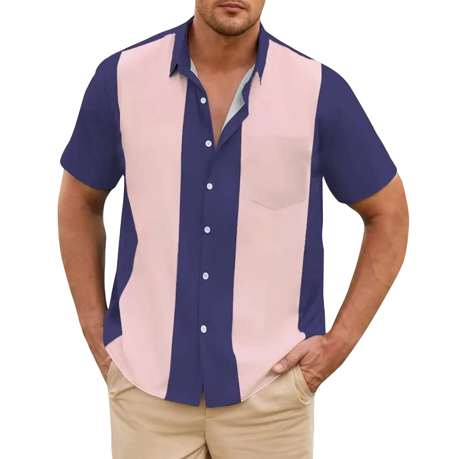 Camisa de empalme a rayas, manga corta con botones. - Image 2