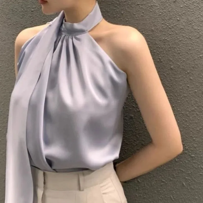 Blusas elegantes sin mangas con cuello Halter Irregular empalmado y hombros descubiertos. - Image 3