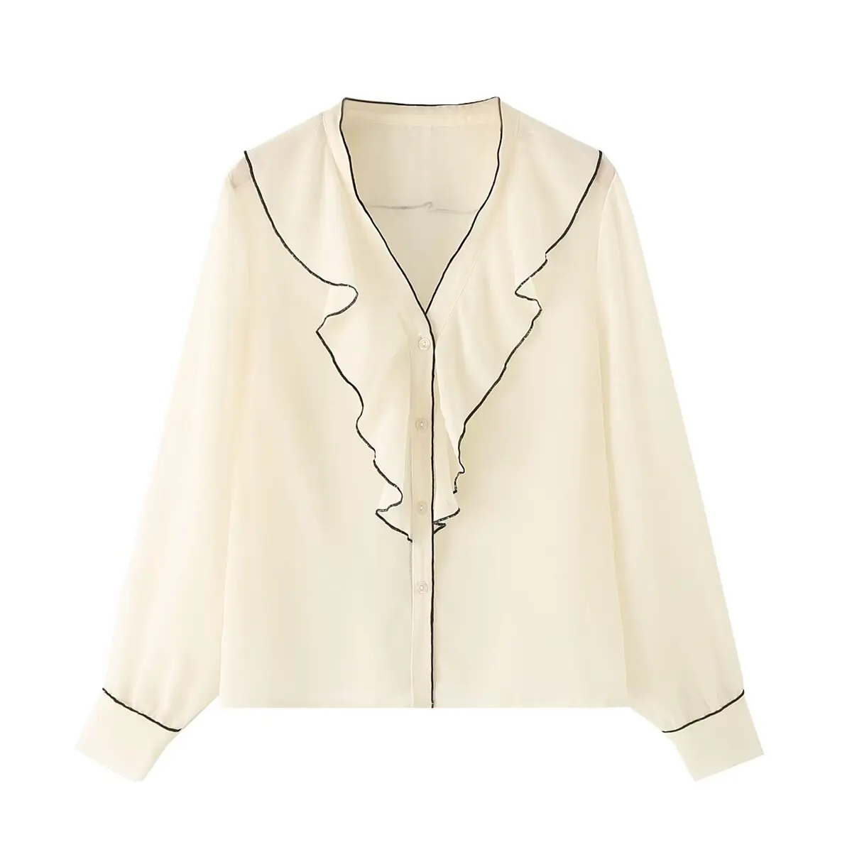 Camisa de manga larga con volantes y cuello en V en capas. - Image 4