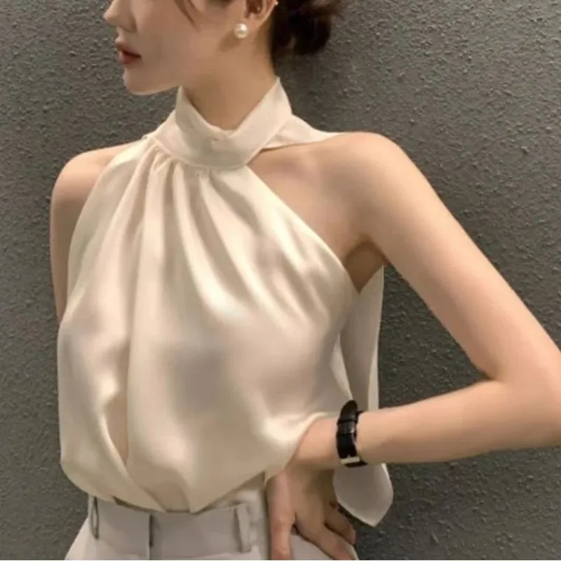 Blusas elegantes sin mangas con cuello Halter Irregular empalmado y hombros descubiertos. - Image 2