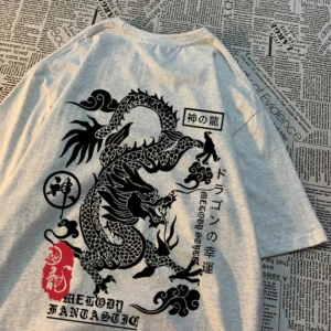 Camisetas con diseño de dragón de algodón, holgadas