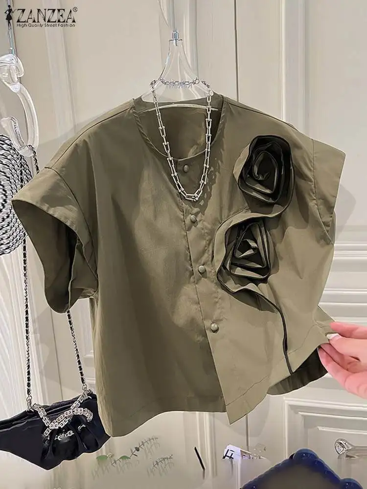 Blusa de manga corta con flores tres D, camisa de cuello redondo. - Image 3