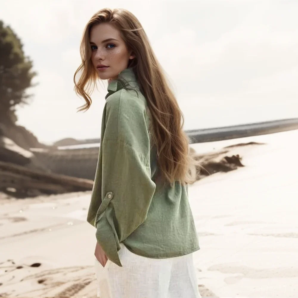 Camisa holgada de lino de manga larga con botones. - Image 2