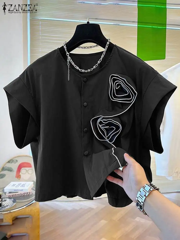 Blusa de manga corta con flores tres D, camisa de cuello redondo. - Image 2