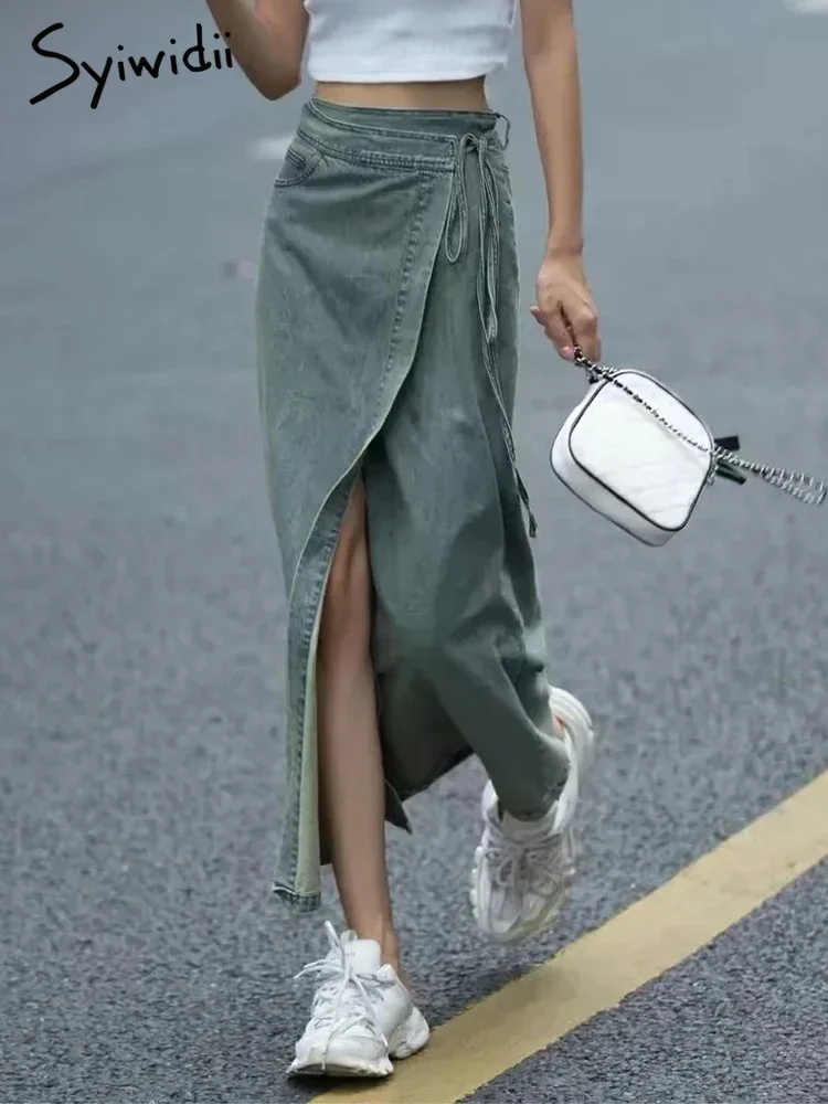 Falda Vintage larga con abertura de cintura alta y vendaje de lavado.