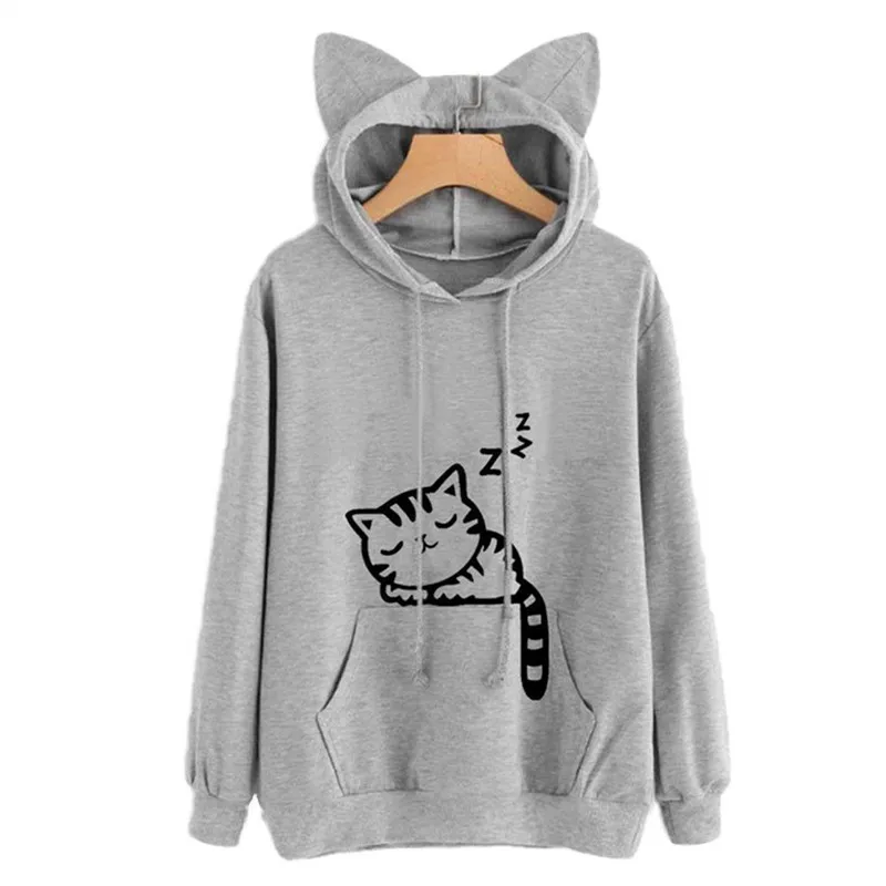 Sudaderas con capucha de manga larga, con estampado de gato y bolsillo de canguro con orejas.