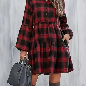 Vestido con botones y estampado a cuadros, vestido elegante de manga larga con farolRopa de mujer