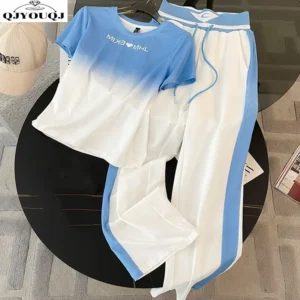 Conjunto de 2 piezas playera de manga corta degradada, pantalones de pierna ancha de cintura alta.