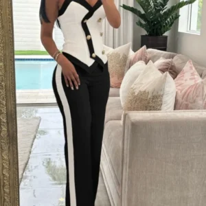 Conjuntos de dos piezas, Top sin mangas con cuello en V y tirantes, pantalones de pierna ancha.