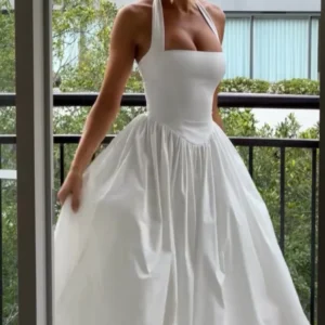 Vestido acampanado de cintura alta, elegante, liso, Sexy, sin espalda, sin mangas, ajustado, con cuello Halter.