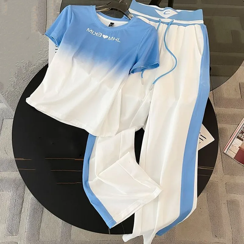 Conjunto de 2 piezas playera de manga corta degradada, pantalones de pierna ancha de cintura alta. - Image 3