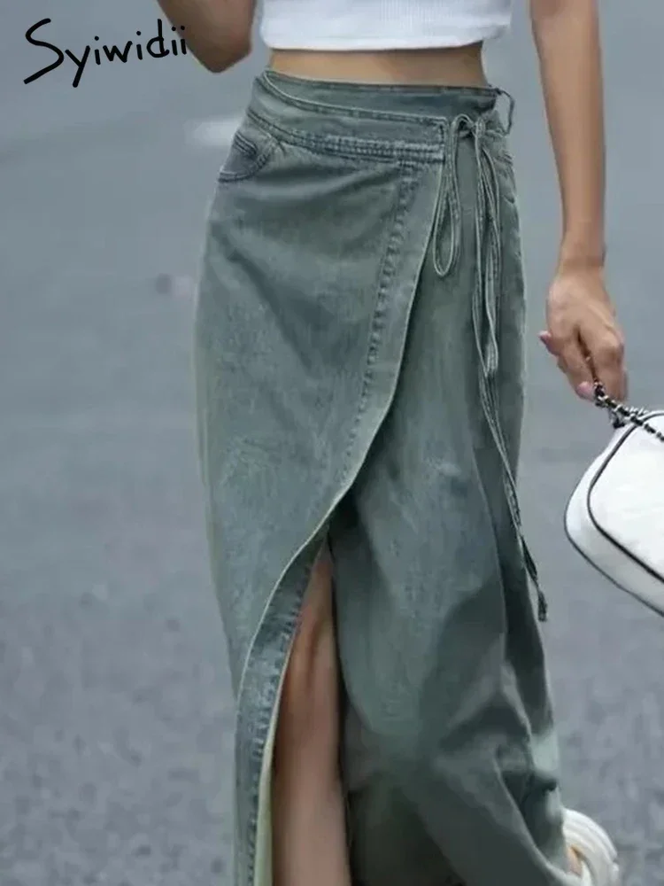 Falda Vintage larga con abertura de cintura alta y vendaje de lavado. - Image 2