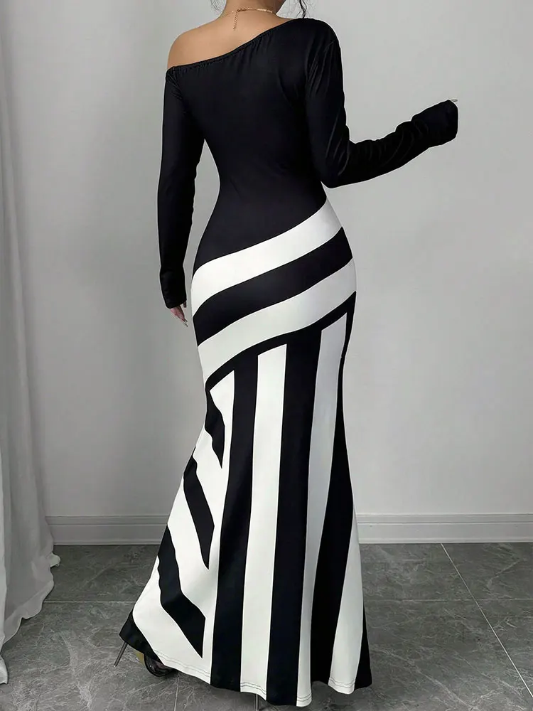 Vestidos en blanco y negro, ajustado, manga larga, cuello redondo. - Image 2