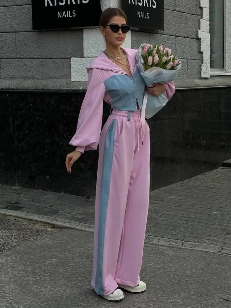 Conjuntos de 2 piezas de mezclilla sudadera con capucha, pantalones de chándal de pierna ancha. - Image 3