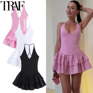 Vestidos cortos con cuello Halter, lisos con hombros descubiertos, con espalda descubierta.