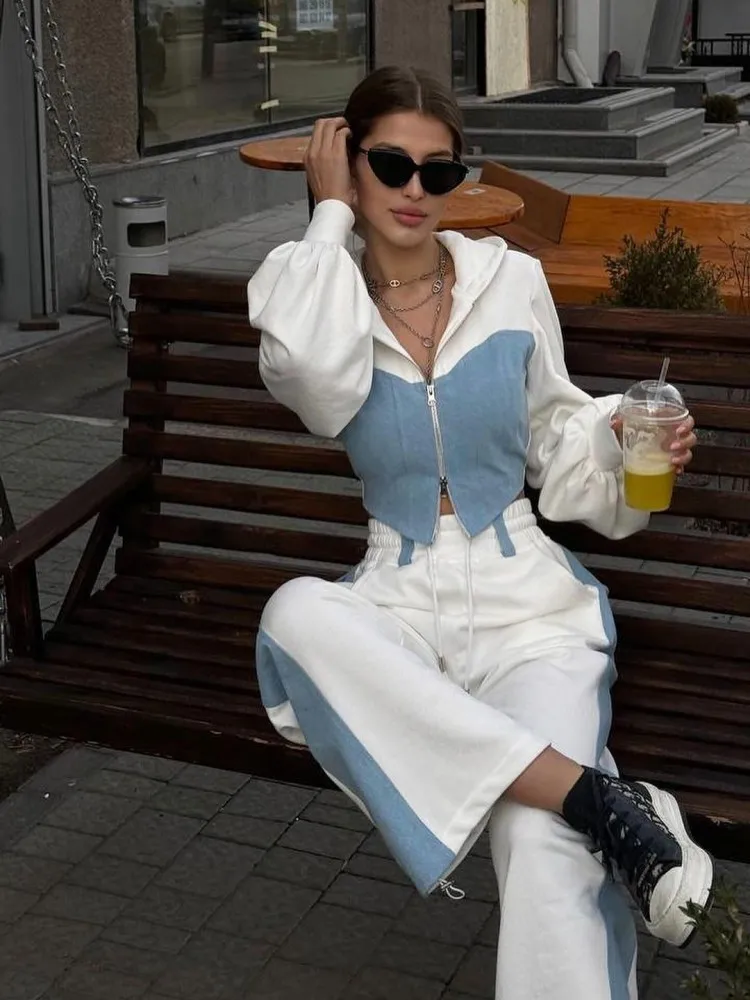 Conjuntos de 2 piezas de mezclilla sudadera con capucha, pantalones de chándal de pierna ancha. - Image 2