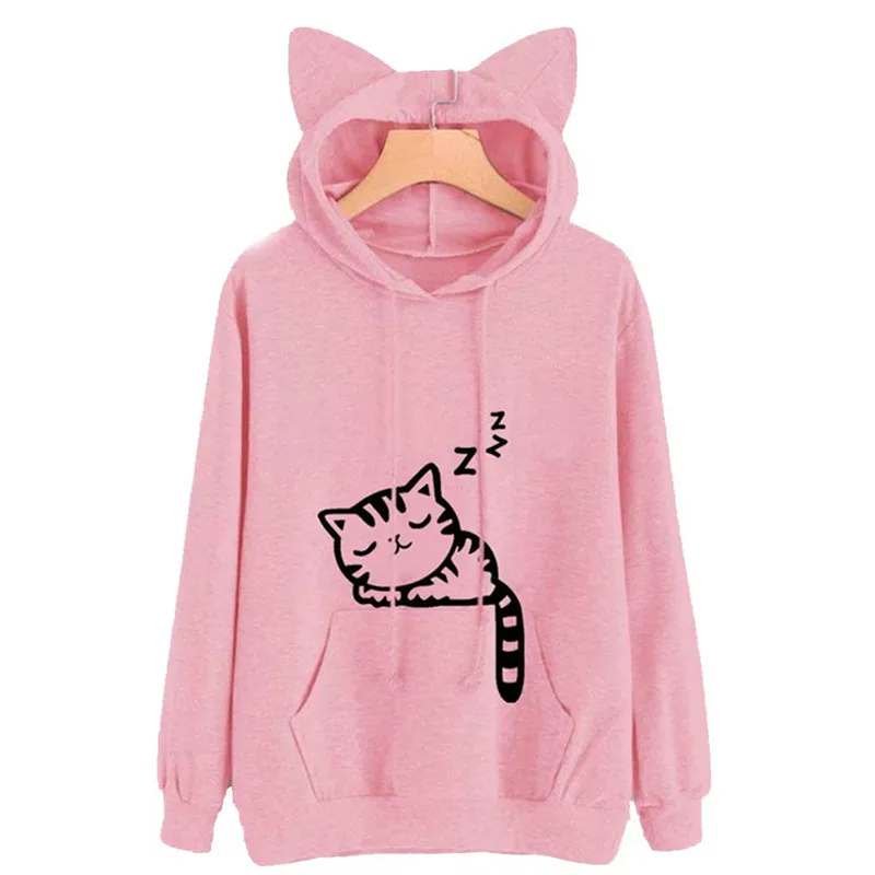 Sudaderas con capucha de manga larga, con estampado de gato y bolsillo de canguro con orejas. - Image 5