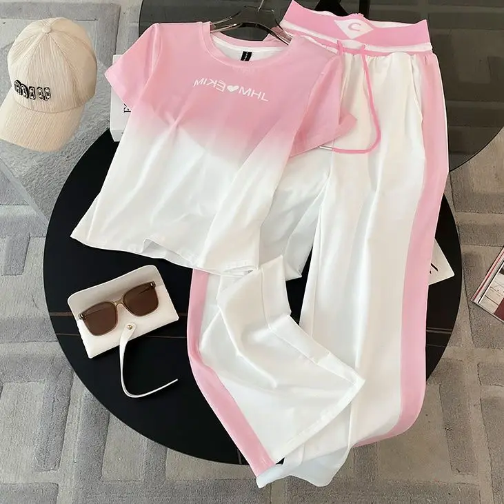 Conjunto de 2 piezas playera de manga corta degradada, pantalones de pierna ancha de cintura alta. - Image 2