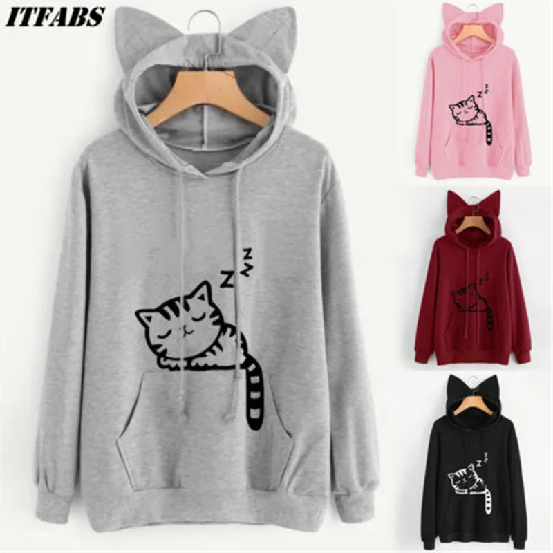 Sudaderas con capucha de manga larga, con estampado de gato y bolsillo de canguro con orejas. - Image 3
