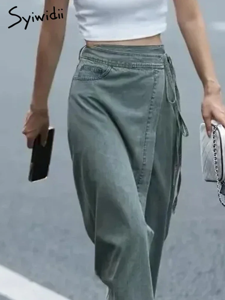 Falda Vintage larga con abertura de cintura alta y vendaje de lavado. - Image 3