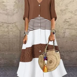 Vestido elegante cuello en V  7/4 mangas.