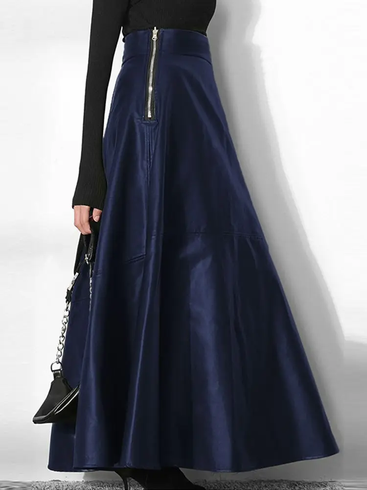 Falda larga de cuero sintético de cintura alta con cremallera. - Image 4