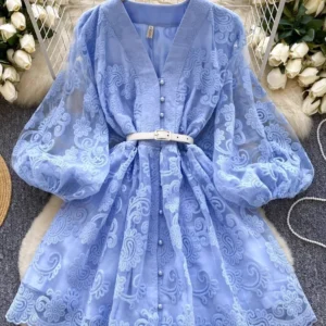 Vestido Vintage bordado corto, manga larga, con botones.