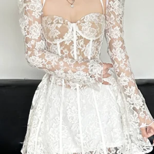 Vestido acampanado de encaje Vintage ajustado cuello cuadrado de manga larga.