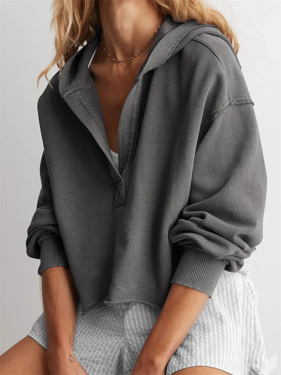 Sudadera con capucha, holgada, manga larga, cuello en V. - Image 6