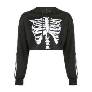 Sudaderas con capucha recortadas con estampado de esqueleto, manga larga con cordón.