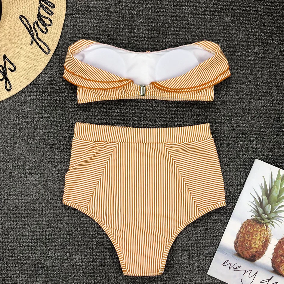Bikini con volantes a rayas con realce de cintura alta. - Image 7