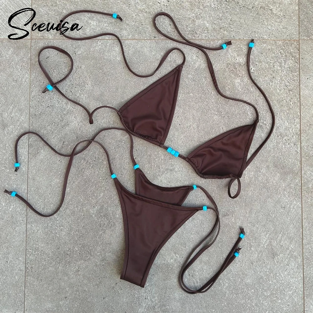 Bikini de cintura baja con tiras sólido Halter Tanga.