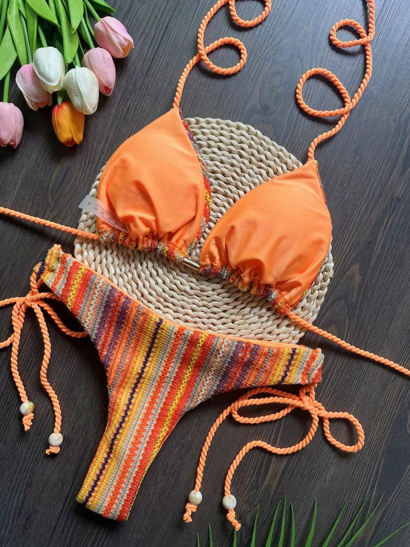 Bikini Conjunto con tirantes de cuerda trenzada, brasileño con realce. - Image 2