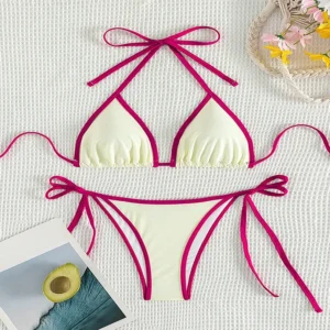 Bikini con cuello Halter con línea de contraste, Tanga.