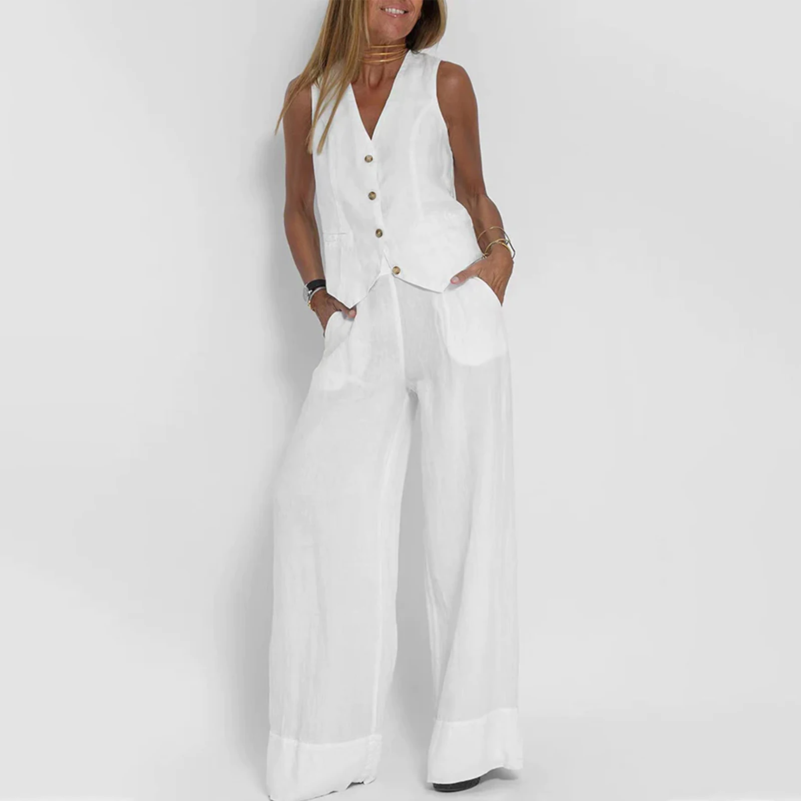 Conjunto de chaleco sin mangas con botones, pantalones de pierna ancha.